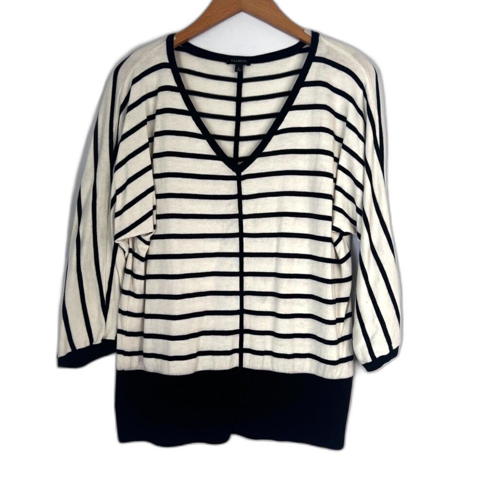 Talbots White Black‎ Striped Vneck Pullover Knit Sweater 3/4 Sleeve Size Large